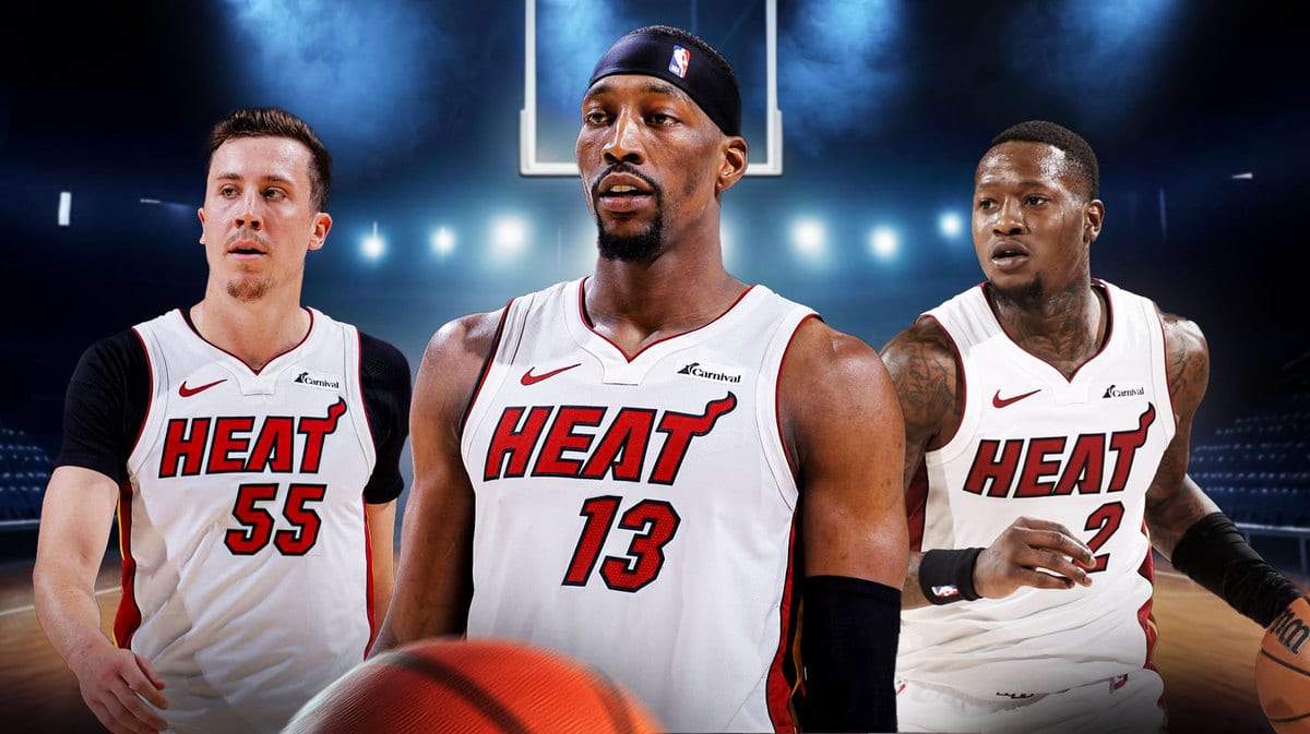 Miami Heat stars Bam Adebayo, Duncan Robinson, and Terry Rozier in front of the Kaseya Center.
