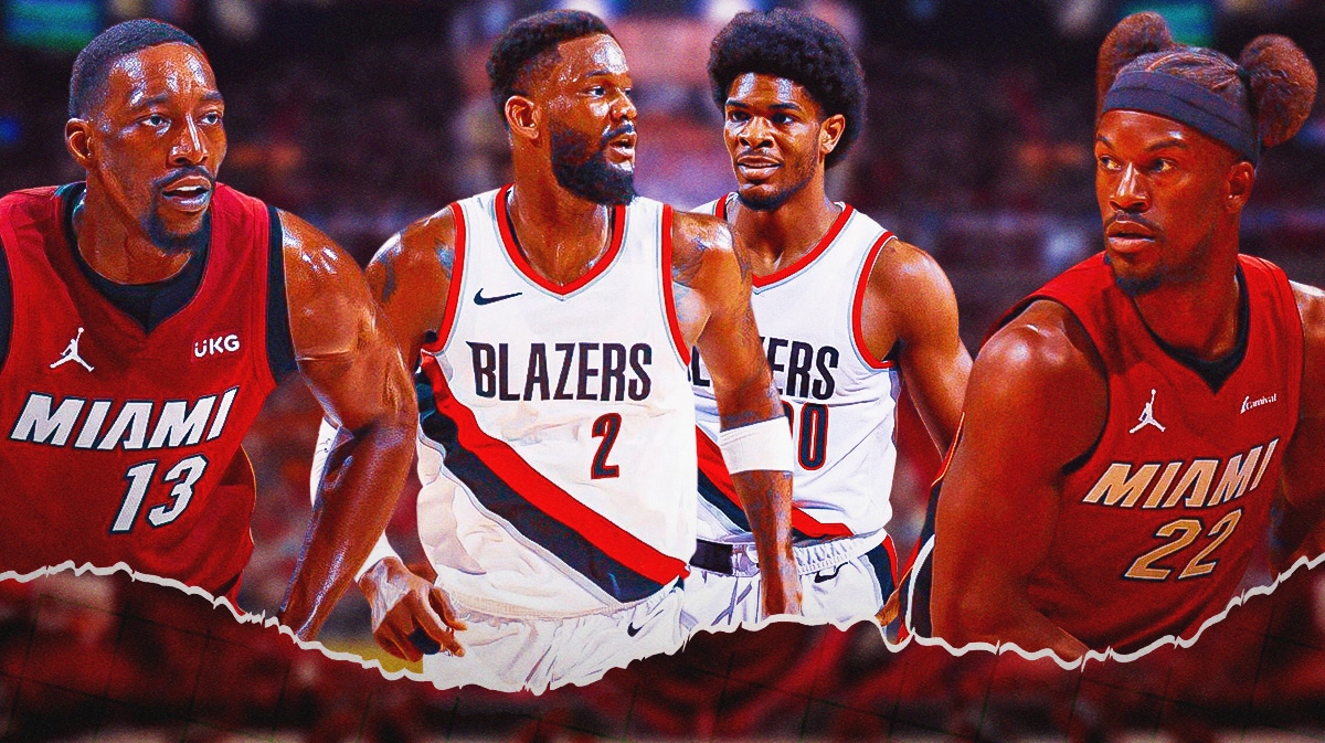 Miami Heat stars Jimmy Butler and Bam Adebayo looking at Portland Trail Blazers stars Deandre Ayton and Scoot Henderson in front of the Kaseya Center.