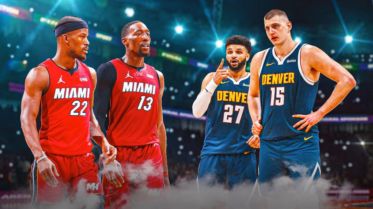 Miami Heat stars Jimmy Butler and Bam Adebayo looking at Denver Nuggets stars Nikola Jokic and Jamal Murray.