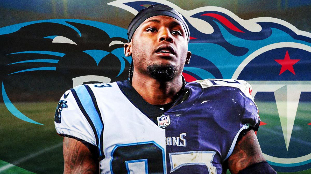 Bengals' Tee Higgins with half a Titans jersey and half a Panthers jersey.