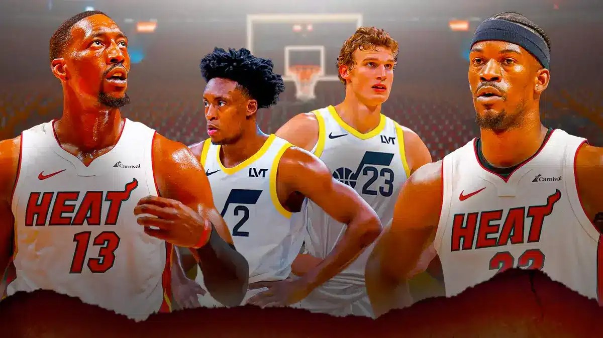 Miami Heat stars Jimmy Butler and Bam Adebayo standing next to Utah Jazz stars Lauri Markkanen and Colin Sexton in front of the Kaseya Center.