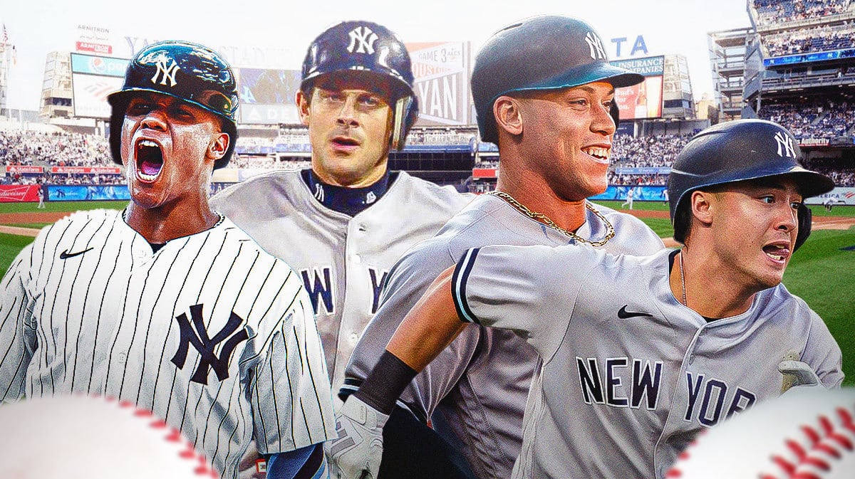Yankees players Juan Soto, Aaron Judge and Anthony Volpe.