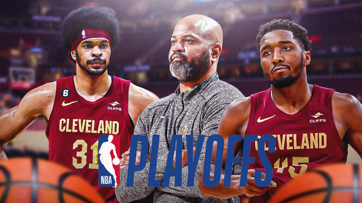 Donovan MItchell, JB Bickerstaff, and Jarrett Allen next to an NBA playoffs logo