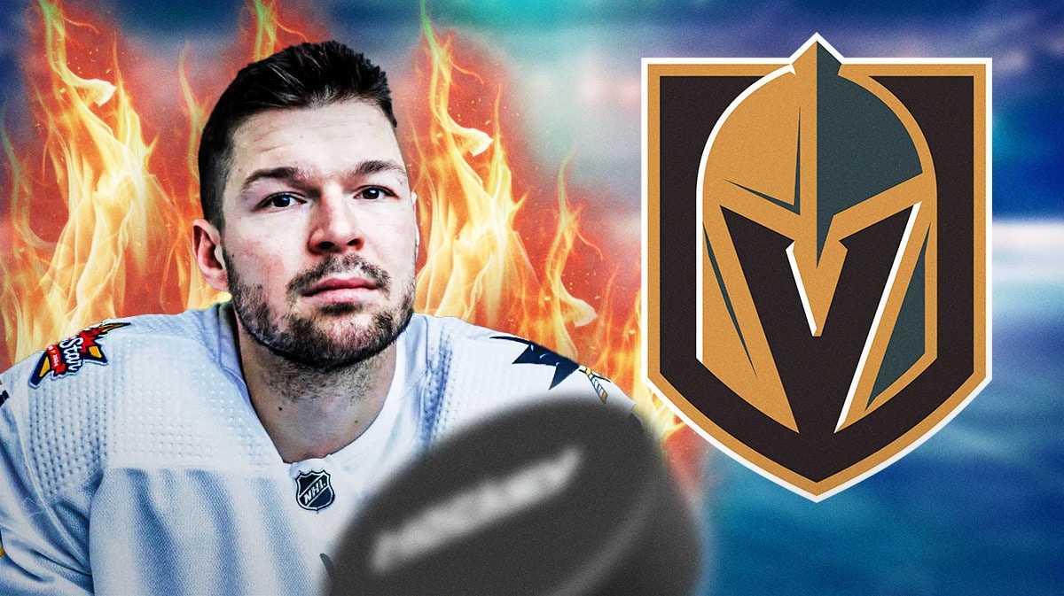 Tomas Hertl in image with fire around him, Vegas Golden Knights logo, hockey rink in background