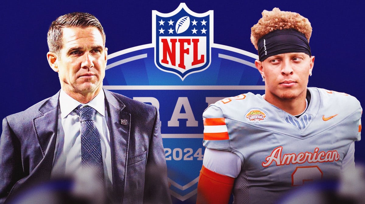 Joe Schoen, Spencer Rattler. NFL Draft logo in background