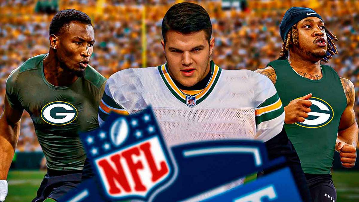 Graham Barton, Tyler Nubin, Jaylen Wright all in Packers jerseys, 2024 NFL Draft logo in background and Lambeau Field