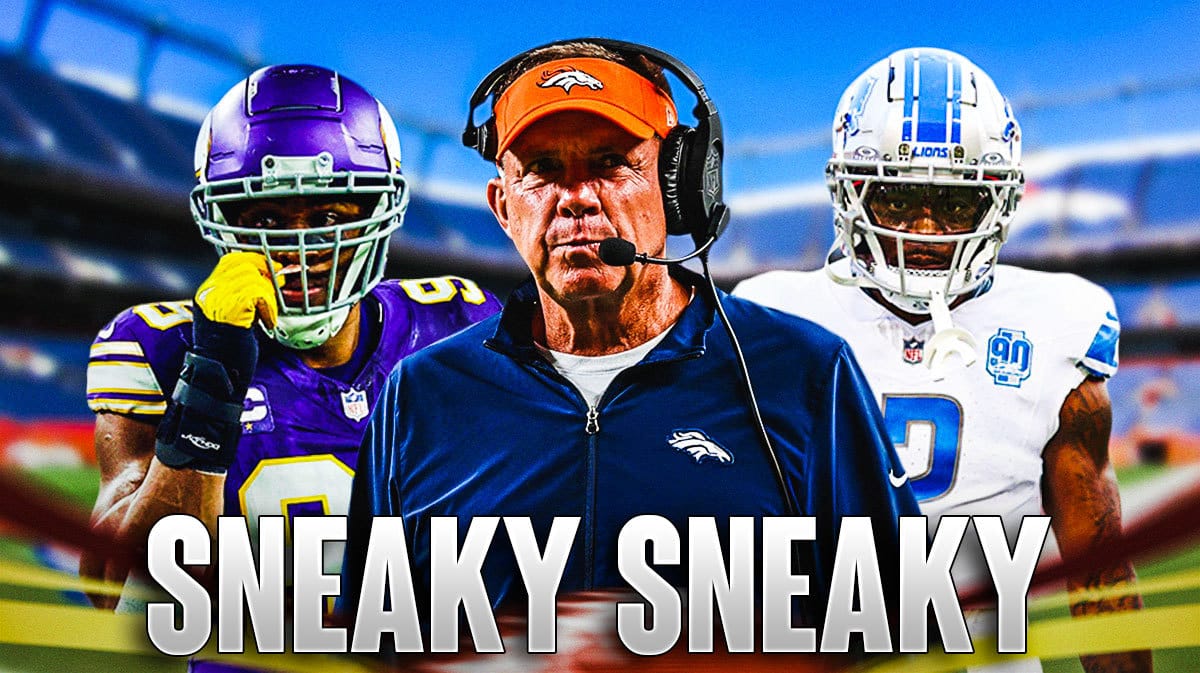 Coach Sean Payton in the middle, Danielle Hunter and CJ Gardner-Johnson around him, and Denver Broncos wallpaper in the background.