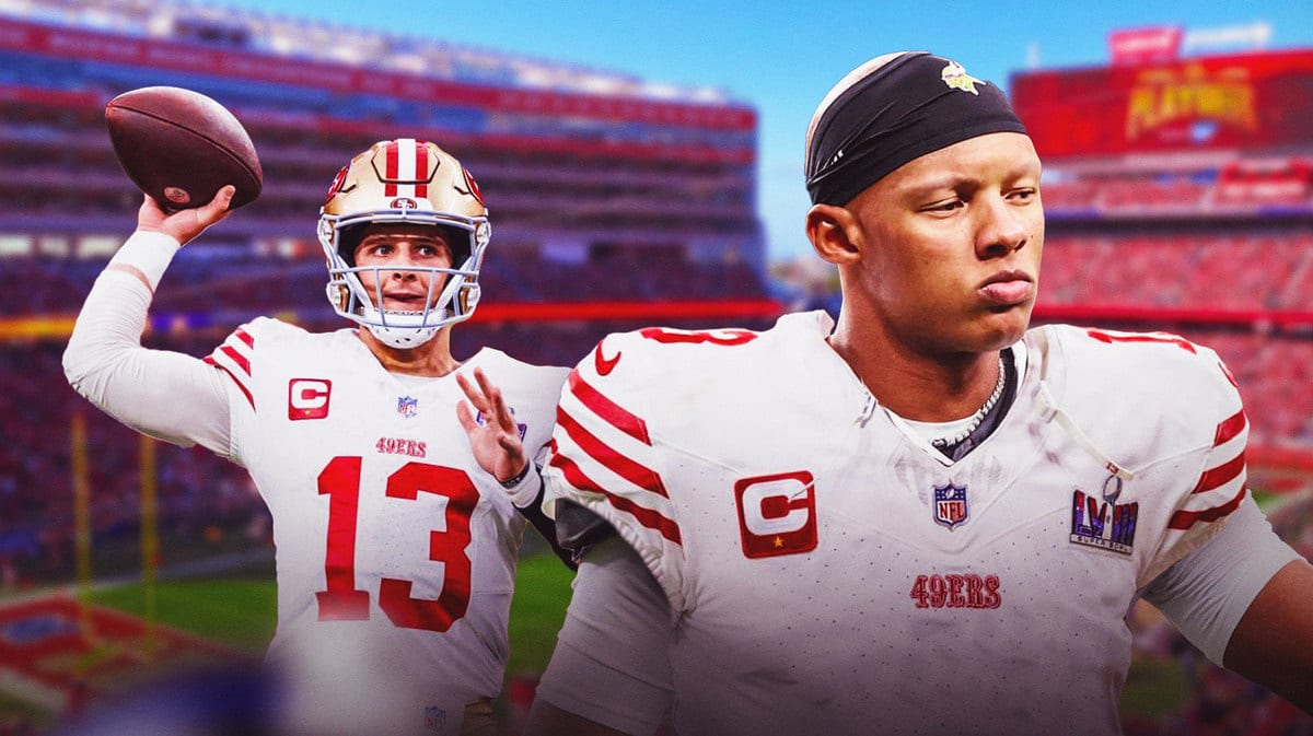 Josh Dobbs in a 49ers uniform in front. 49ers' Brock Purdy throwing a football in background.