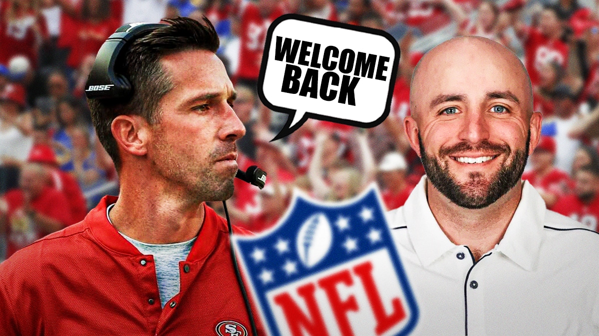 Kyle Shanahan on one side with a speech bubble that says “Welcome back” Mick Lombardi on the other side