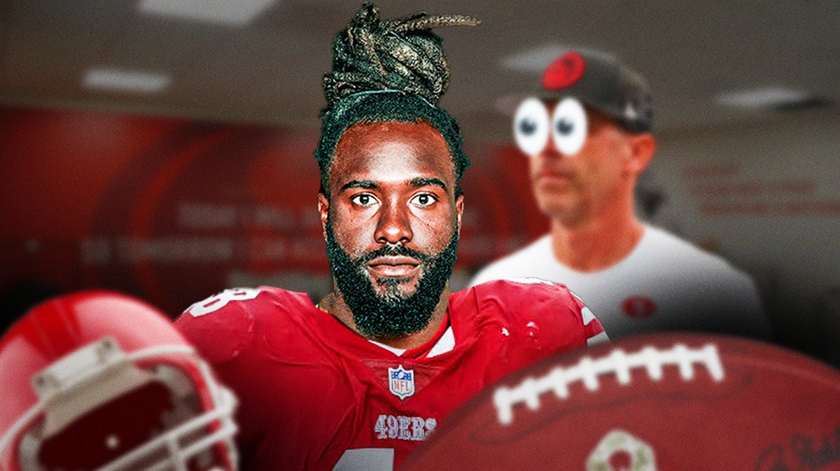 De’Vondre Campbell in a 49ers jersey, Kyle Shanahan with eyes popping out in background