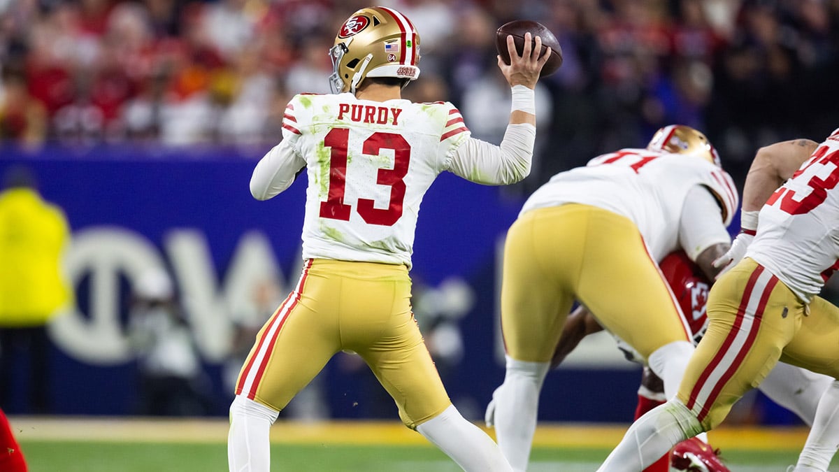 Detailed view of the jersey of San Francisco 49ers quarterback Brock Purdy (13) throws a pass against the Kansas City Chiefs in the second half in Super Bowl LVIII at Allegiant Stadium. 