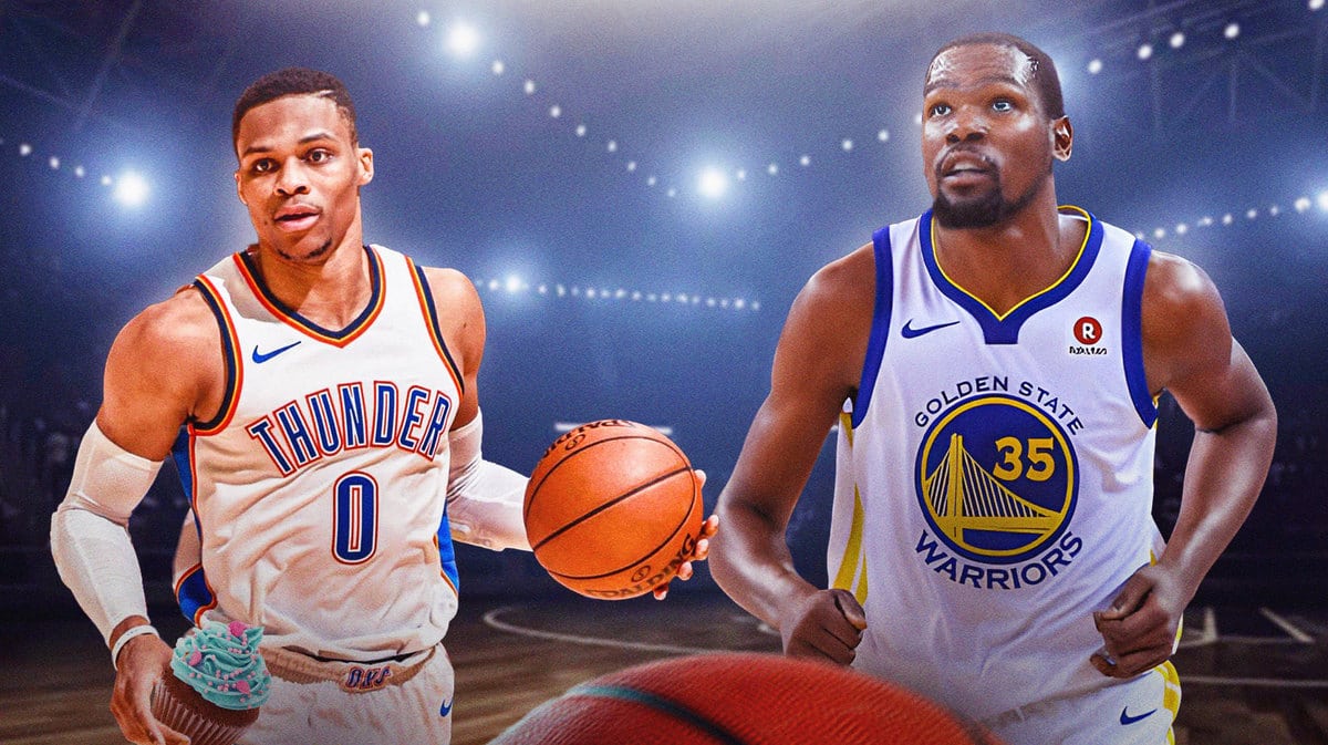 Kevin Durant in Warriors jersey with Russell Westbrook in Thunder gear with a cupcake