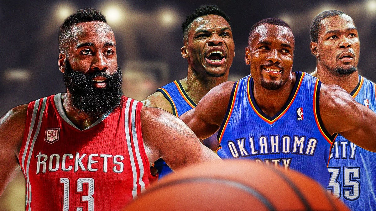 Young James Harden in Rockets jersey on one side. On other side is young Kevin Durant, Russell Westbrook, Serge Ibaka in Thunder jerseys
