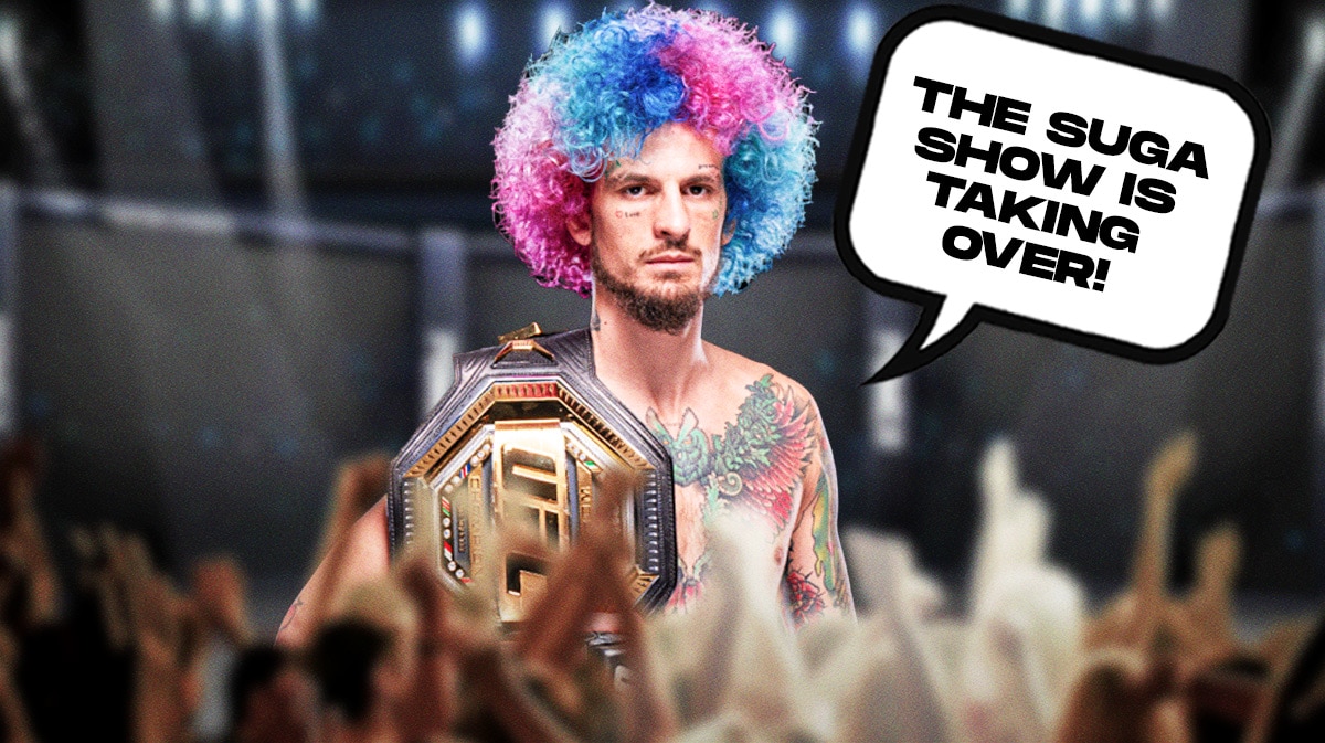 Sean O'Malley holding a UFC belt saying "The Suga Show is taking over!"