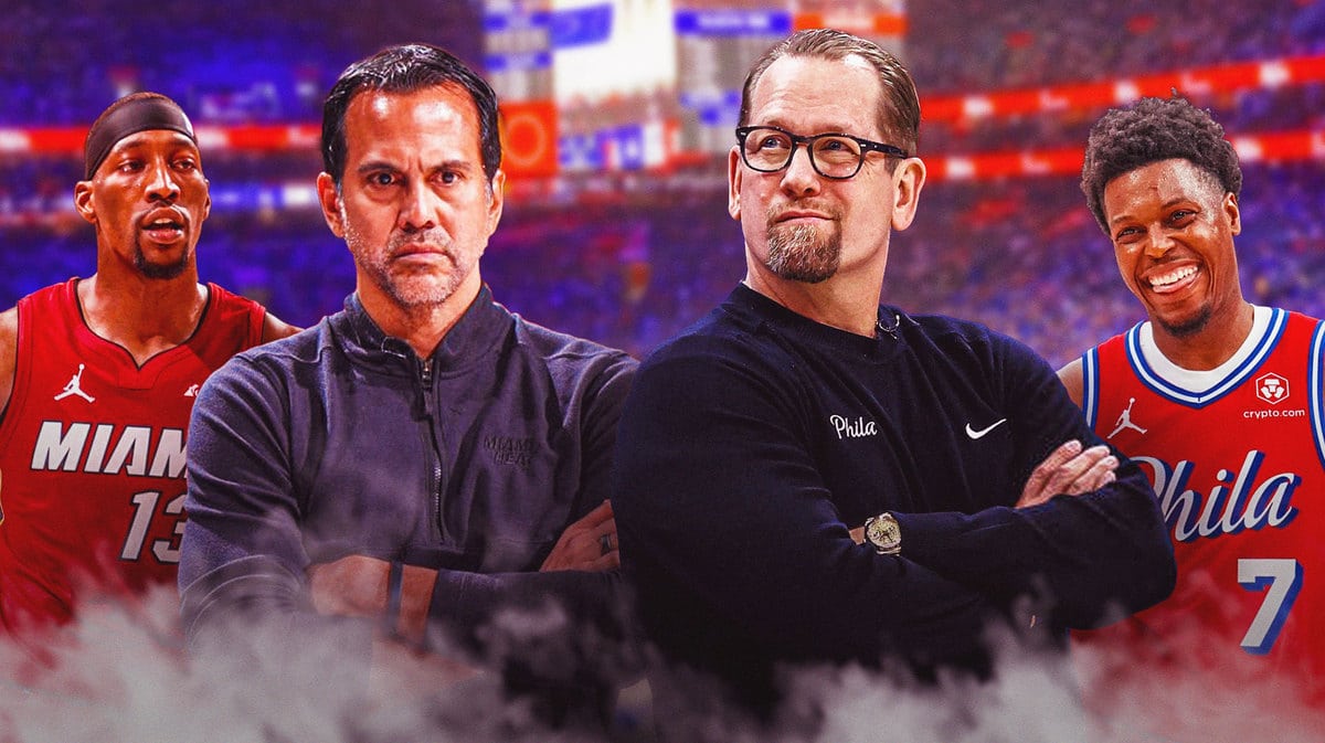 Heat's Bam Adebayo and Erik Spoelstra and 76ers' Nick Nurse and Kyle Lowry
