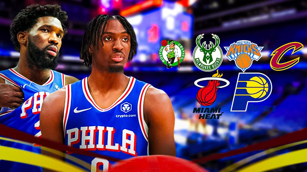 76ers' Joel Embiid and Tyrese Maxey looking at the logs of the Celtics, Bucks, Knicks, Cavs, Heat and Pacers