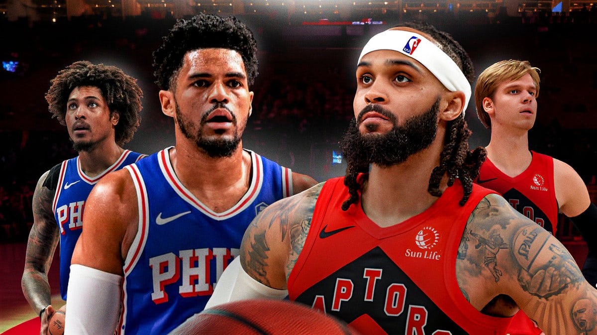 76ers' Kelly Oubre Jr and Tobias Harris and Raptors' Gary Trent Jr and Gradey Dick