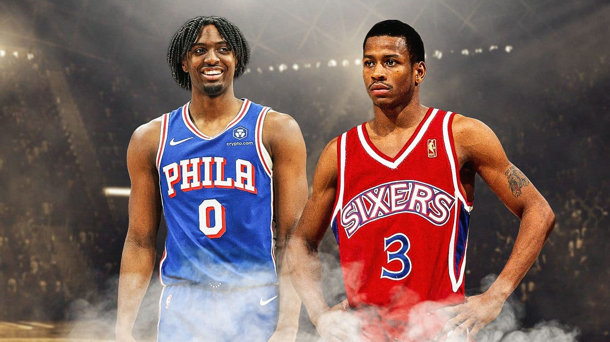 76ers' Tyrese Maxey smiling at Allen Iverson (1997 version)