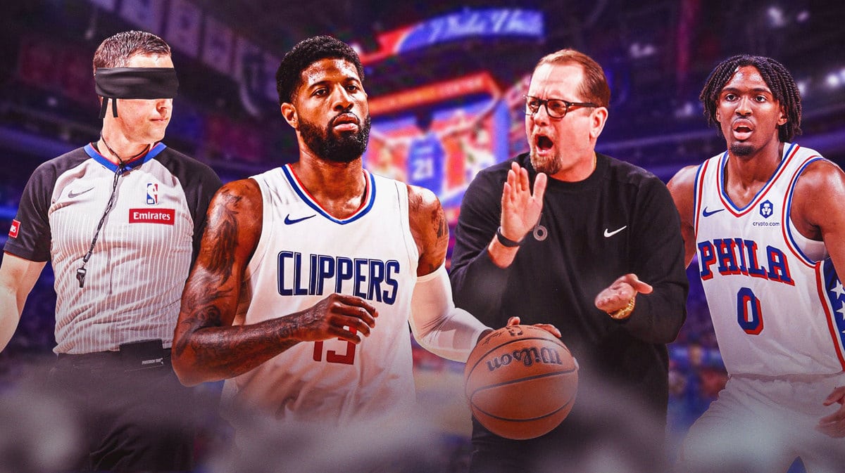 Clippers' Paul George looking serious in the middle, with referee Kevin Scott beside George with the blindfold on, with 76ers' Nick Nurse and Tyrese Maxey looking angrily at George