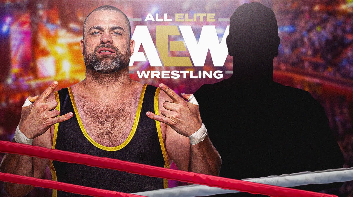 Eddie Kingston next to the blacked-out silhouette of Terry Funk with the AEW logo as the background.