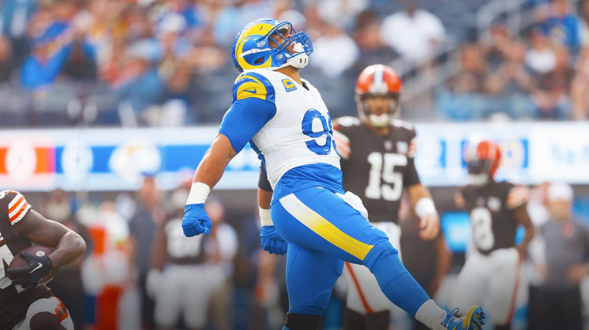 Los Angeles Rams defesnive tackle Aaron Donald (99) celebrates in the first half in a game against the Cleveland Browns at SoFi Stadium