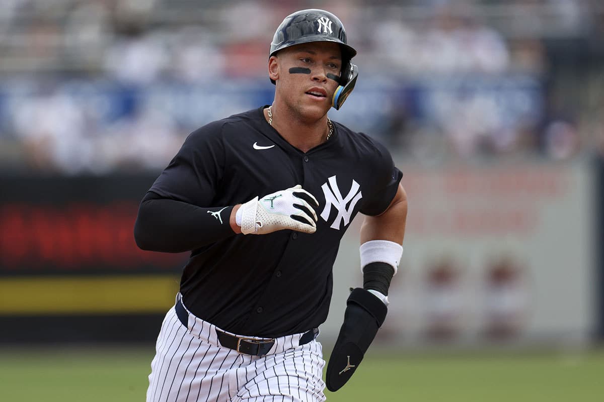 New York Yankees center fielder Aaron Judge (99) runs the bases against the New York Mets in the seventh inning at George M. Steinbrenner Field.