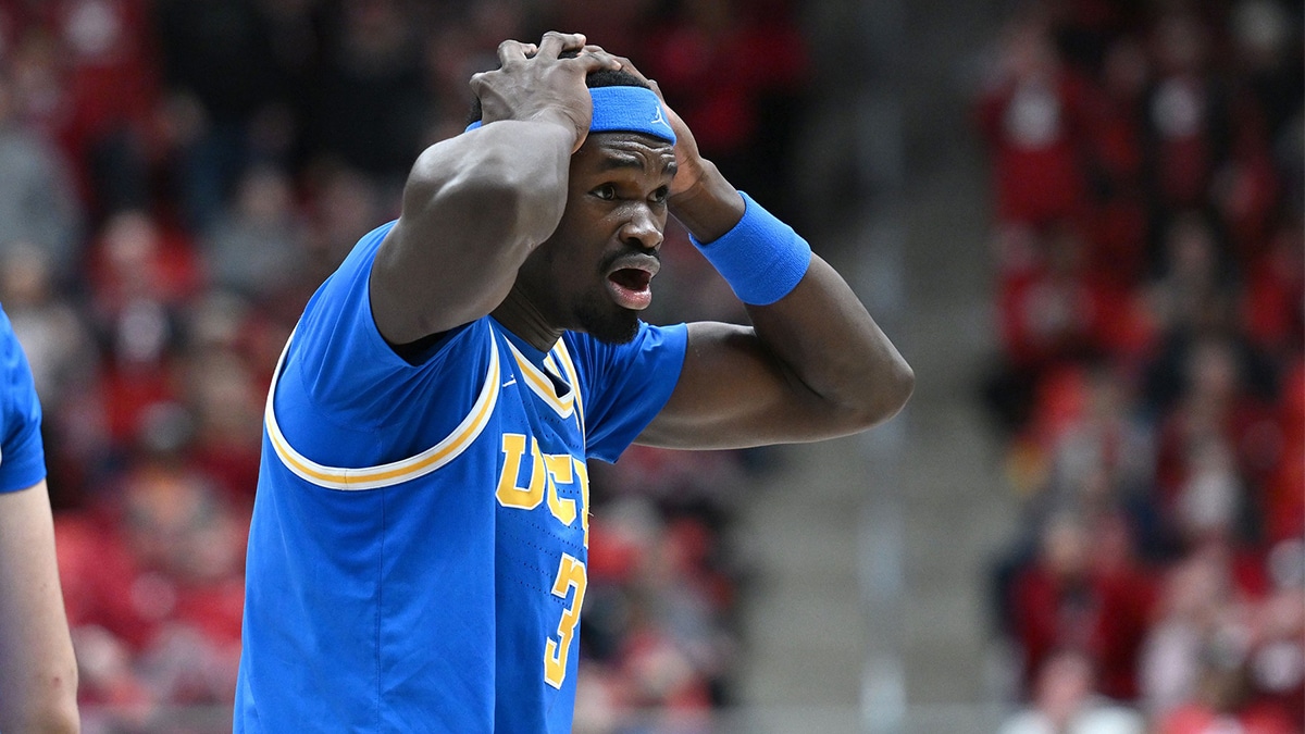 UCLA Bruins forward Adem Bona (3) reacts after being called for a foul during a game against the Washington State Cougars in the second half at Friel Court at Beasley Coliseum. Washington State Cougars won 77-65.