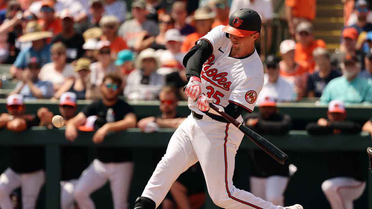 Baltimore Orioles catcher Adley Rutschman (35) hits a RBI single during the second inning against the Tampa Bay Rays at Ed Smith Stadium. 