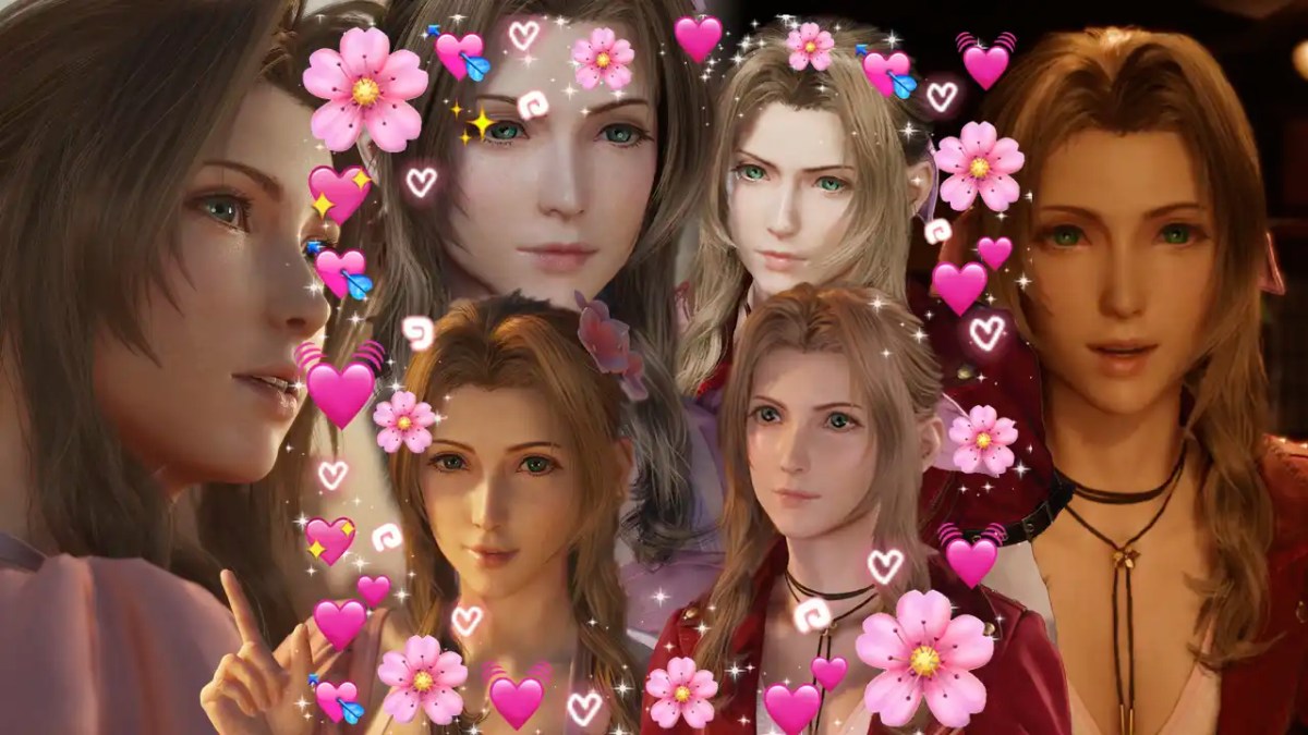 aerith romance, ff7 rebirth aerith romance, aerith romance guide, ff7 rebirth aerith, ff7 rebirth, a collage of aerith screenshots from ff7 rebirth with a flower frame in the center