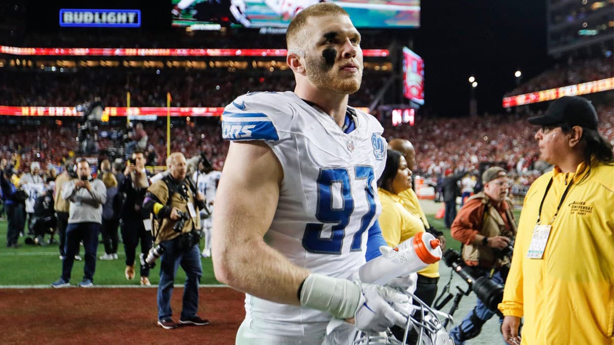 Detroit Lions defensive end Aidan Hutchinson walks off the field after the 34-31 loss to the San Francisco 49ers in the NFC championship game in Santa Clara, California, on Sunday, Jan. 28, 2024.