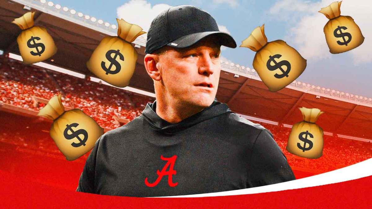 Alabama football, Crimson Tide, Kalen DeBoer, Kalen DeBoer salary, Kalen DeBoer Alabama, Kalen DeBoer and a money bag emoji with Alabama football stadium in the background