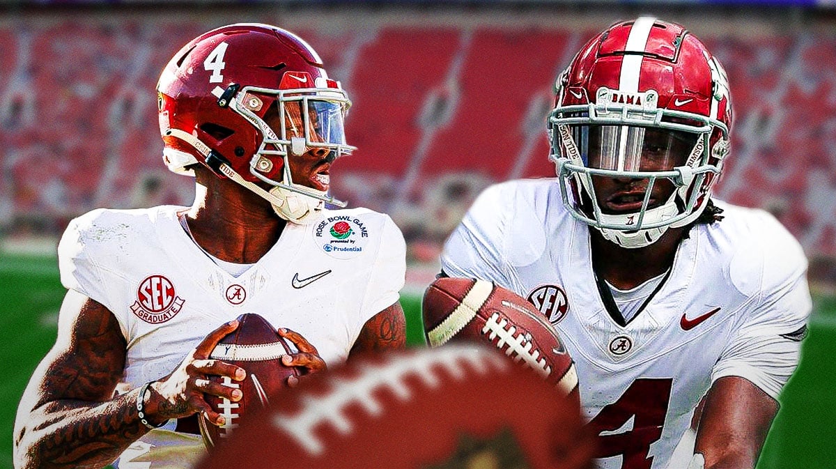 Alabama football, Crimson Tide, Jalen Milroe, Jalen Hale, Jalen Hale injury, Jalen Milroe and Jalen Hale in Alabama unis with Alabama football stadium in the background