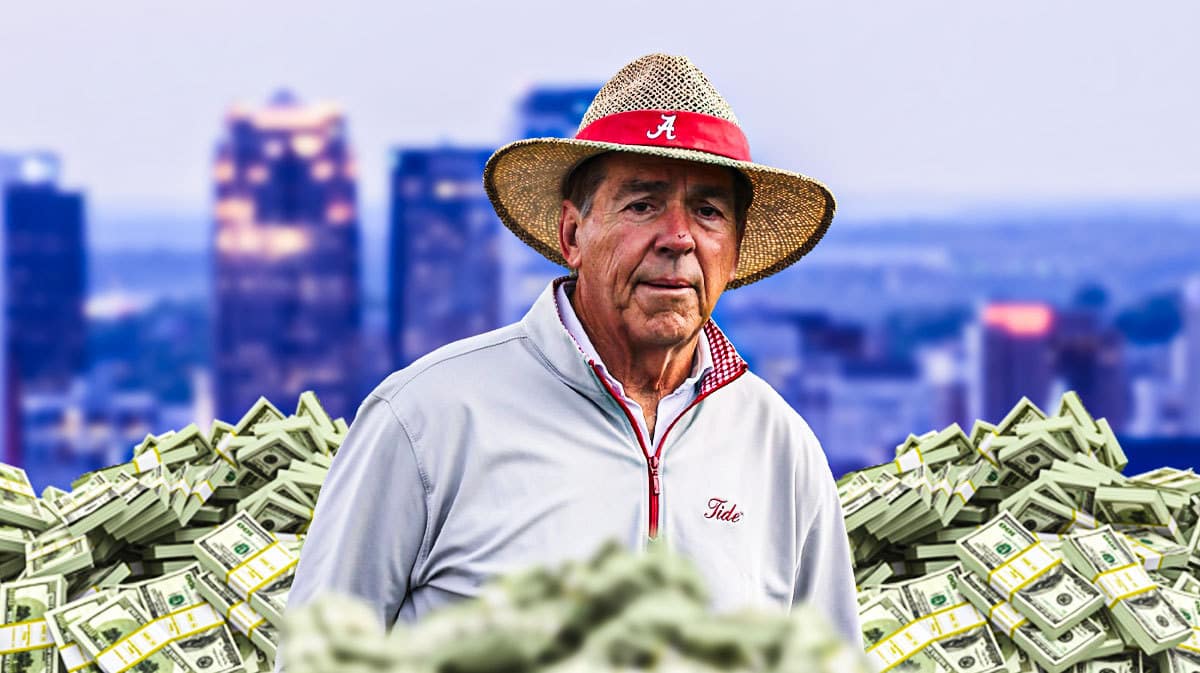 Former Alabama football head coach Nick Saban surrounded by money