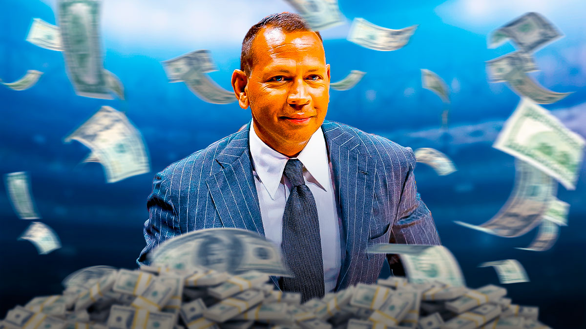 Alex Rodriguez surrounded by piles of cash.