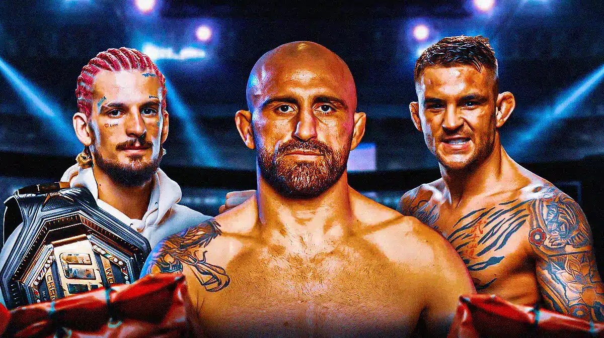 Alexander Volkanovski in the middle, Sean O’Malley, Dustin Poirier on the sides