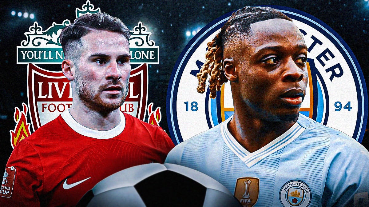Alexis Mac Allister and Jeremy Doku in front of the Liverpool and Manchester City logos