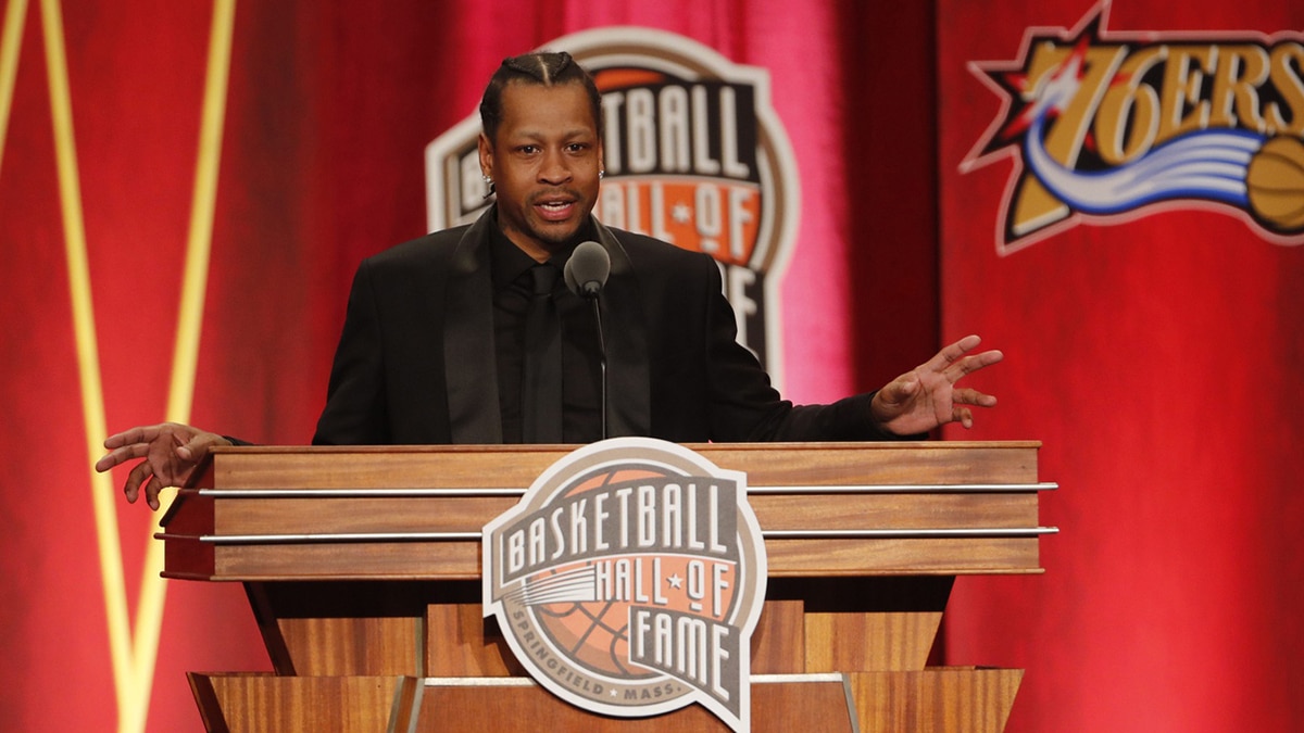 Allen Iverson speaks at the Springfield Symphony Hall during the 2016 Naismith Memorial Basketball Hall of Fame Enshrinement Ceremony. 