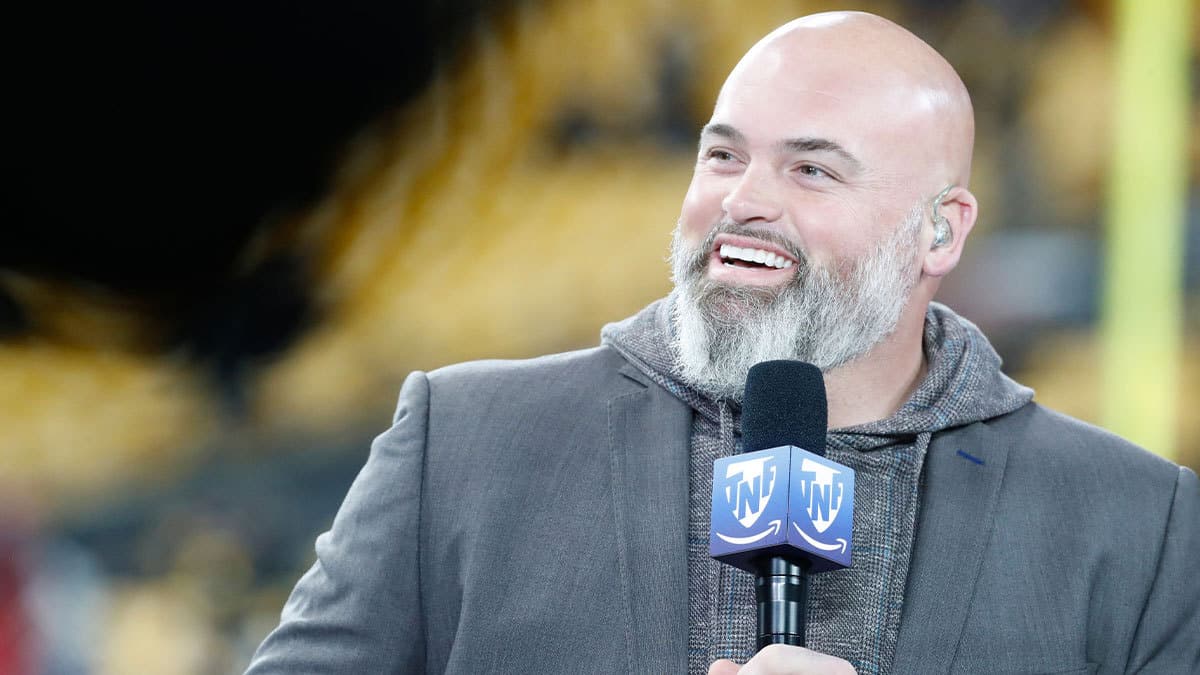 Amazon Prime Video Thursday Night Football analyst Andrew Whitworth performs the pre-game broadcast before the Pittsburgh Steelers host the New England Patriots at Acrisure Stadium