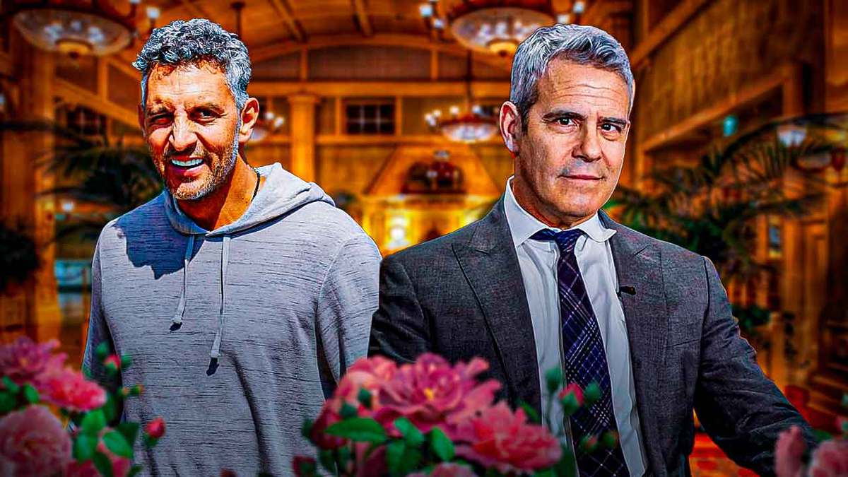 Andy Cohen and Mauricio Umansky with a home behind him