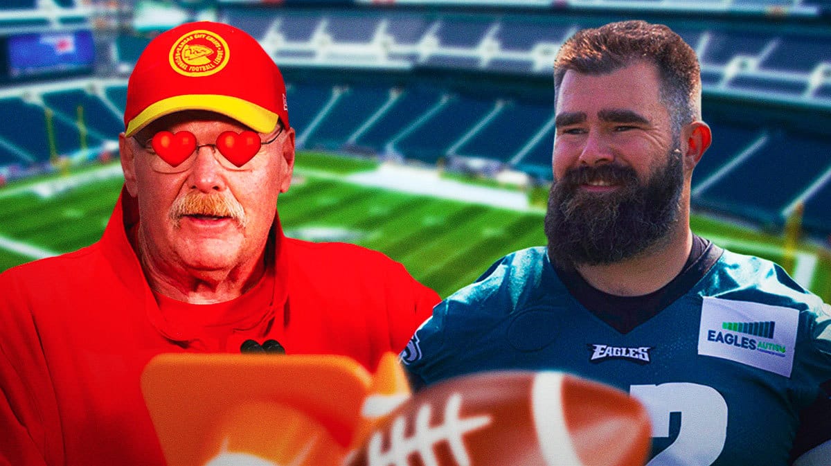 Chiefs Andy Reid with hearts in his eyes next to Eagles Jason Kelce
