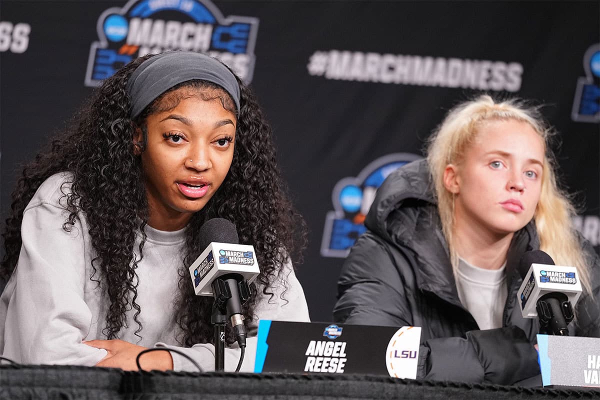 LSU Lady Tigers forward Angel Reese (10) and LSU Lady Tigers guard Hailey Van Lith (11) take questions from the media at MVP Arena, Sunday, March 31, 2024 in Albany, N.Y.