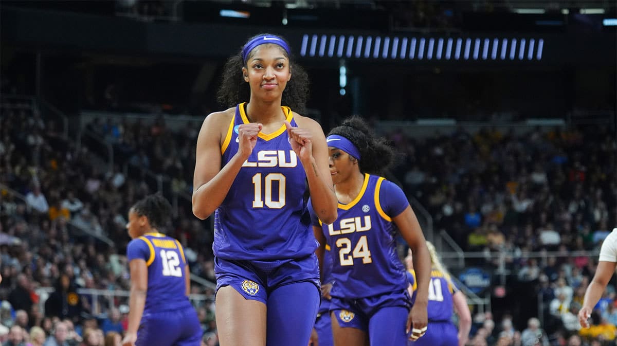 LSU Tigers forward Angel Reese (10) reacts to a foul call against the UCLA Bruins during the second half in the semifinals of the Albany Regional of the 2024 NCAA Tournament at MVP Arena.