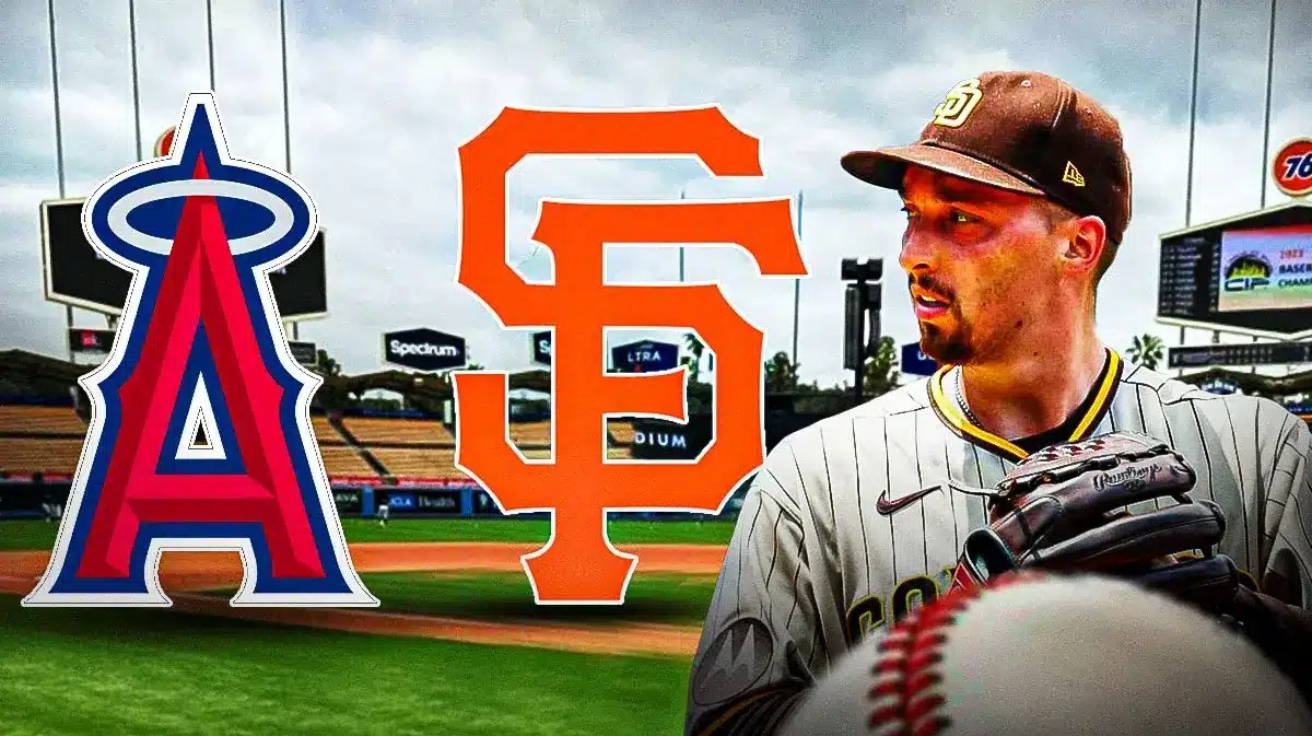 Blake Snell next to the Angels and Giants logos
