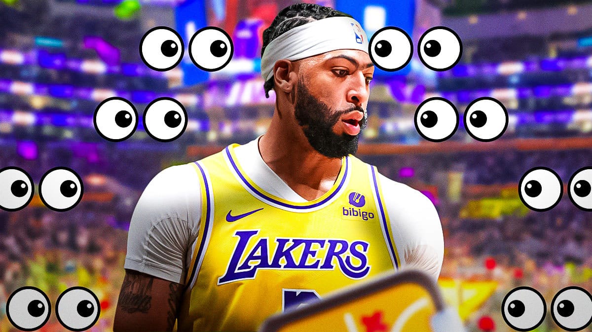 Anthony Davis on fire with a bunch of big eyes emojis in the background. Celtics