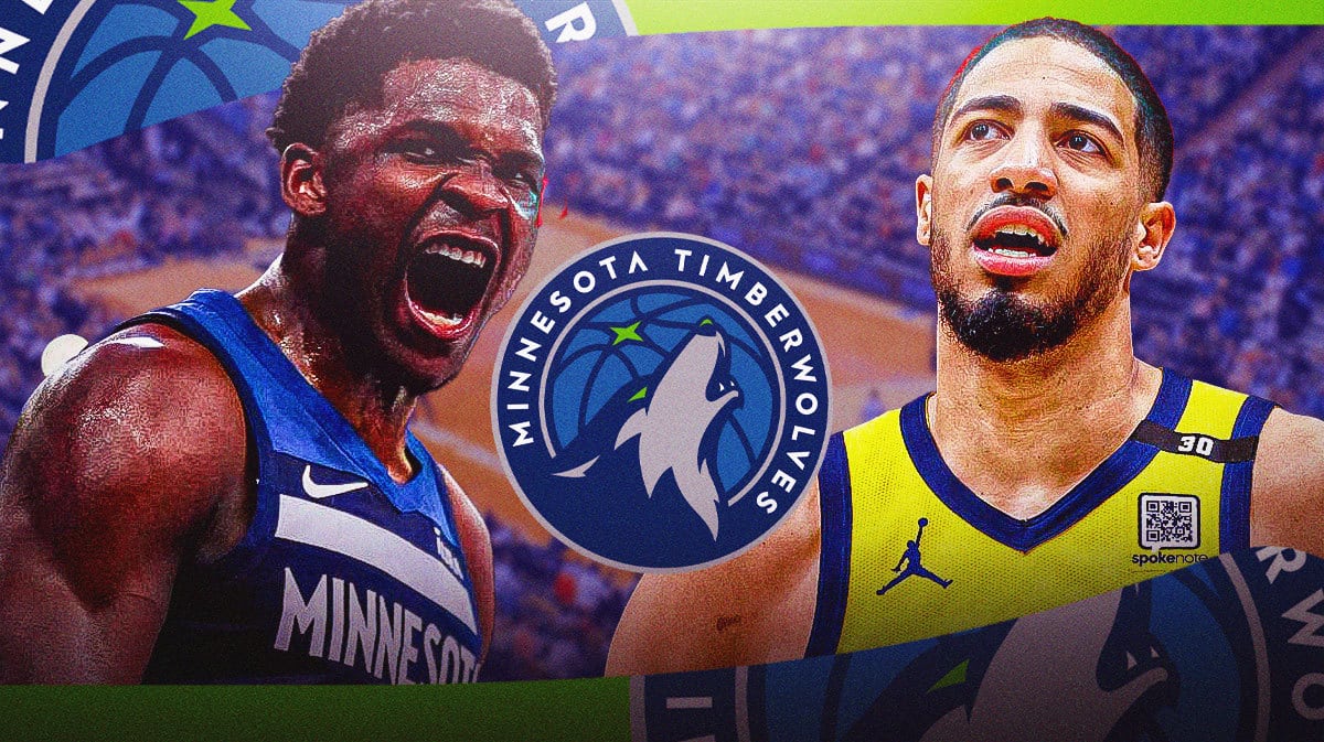 Anthony Edwards next to a Timberwolves logo at Pacers Tyrese Haliburton