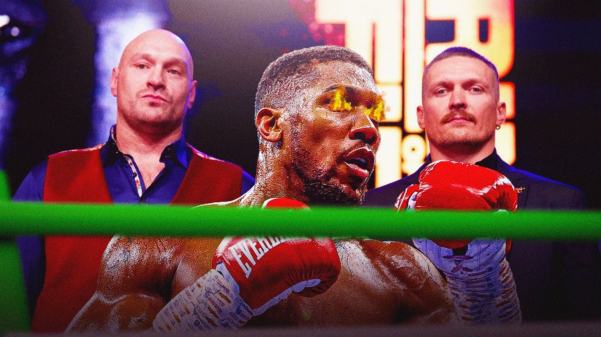 Photo: Anthony Joshua in action with fire in his eyes, Oleksandr Usyk, Tyson Fury behind him