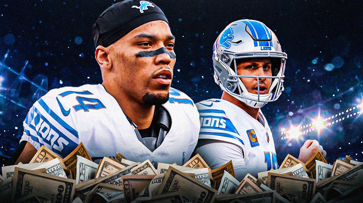 Lions' Amon-Ra St. Brown and Jared Goff. Money around them.