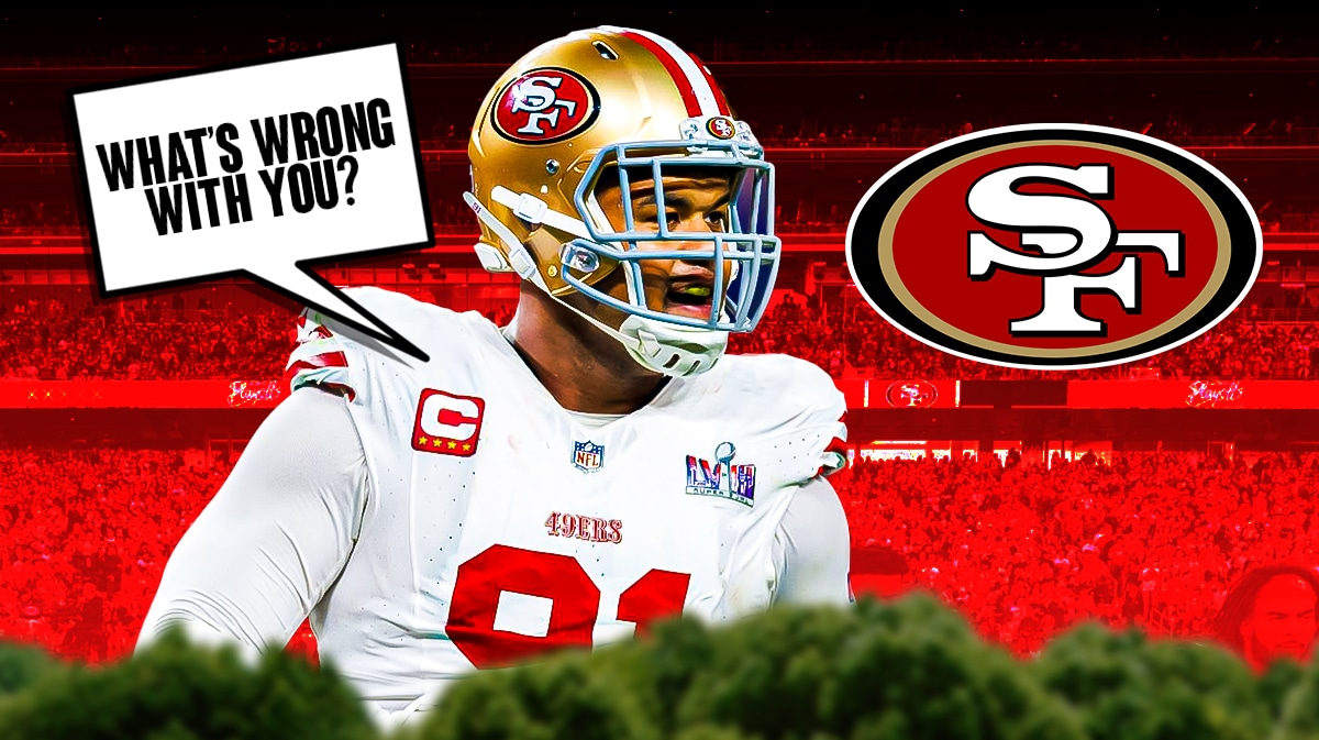 Arik Armstead wearing a 49ers jersey next to a 49ers logo