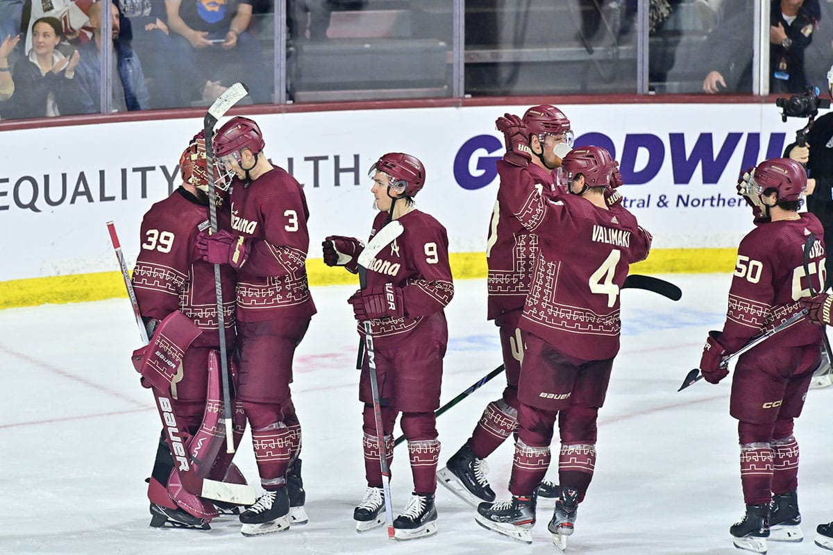The Arizona Coyotes celebrate after beating the Nashville Predators 8-4 at Mullett Arena. 