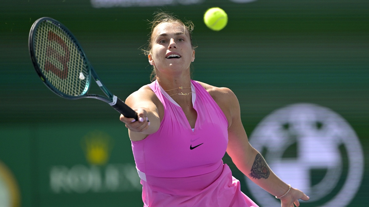  Aryna Sabalenka (RUS) hits a shot as she was defeated in the fourth round by Emma Navarro (USA)